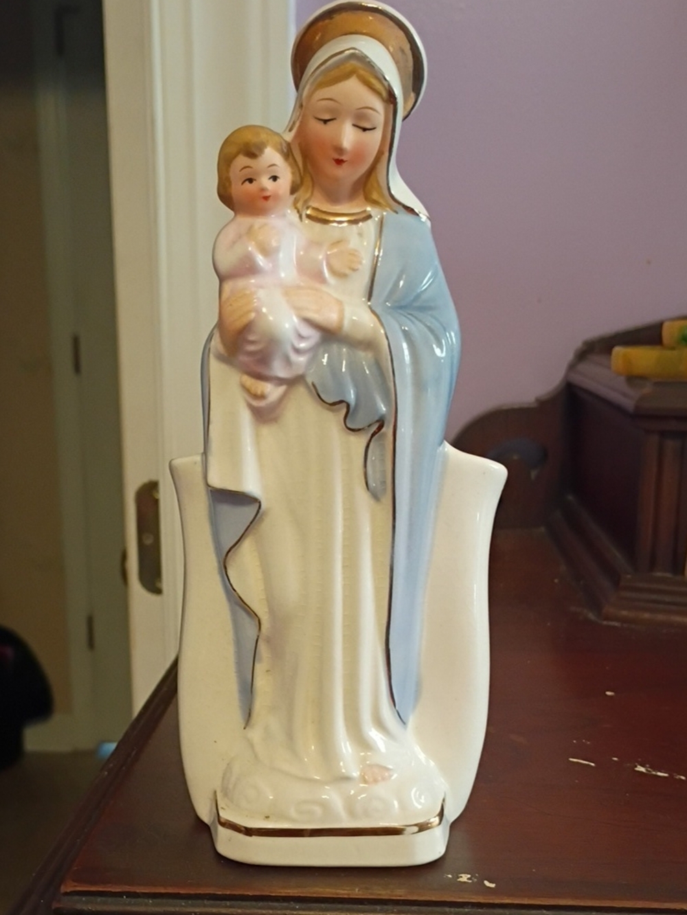 Vintage Lefton Blue and White Ceramic Madonna and Child Accent Figurine Planter